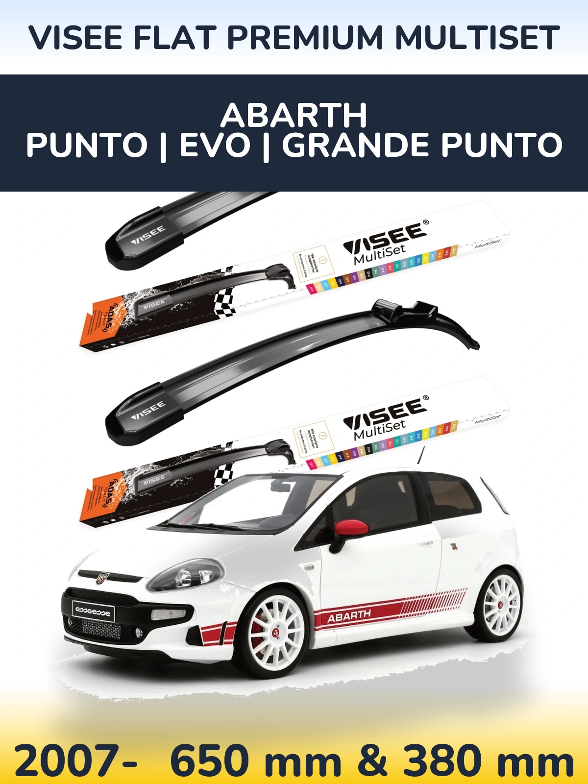 Комплект передних дворников VISEE FLAT PREMIUM MultiSet 650 & 380 мм для Abarth Punto | Evo | Grande Punto 2007-2026
