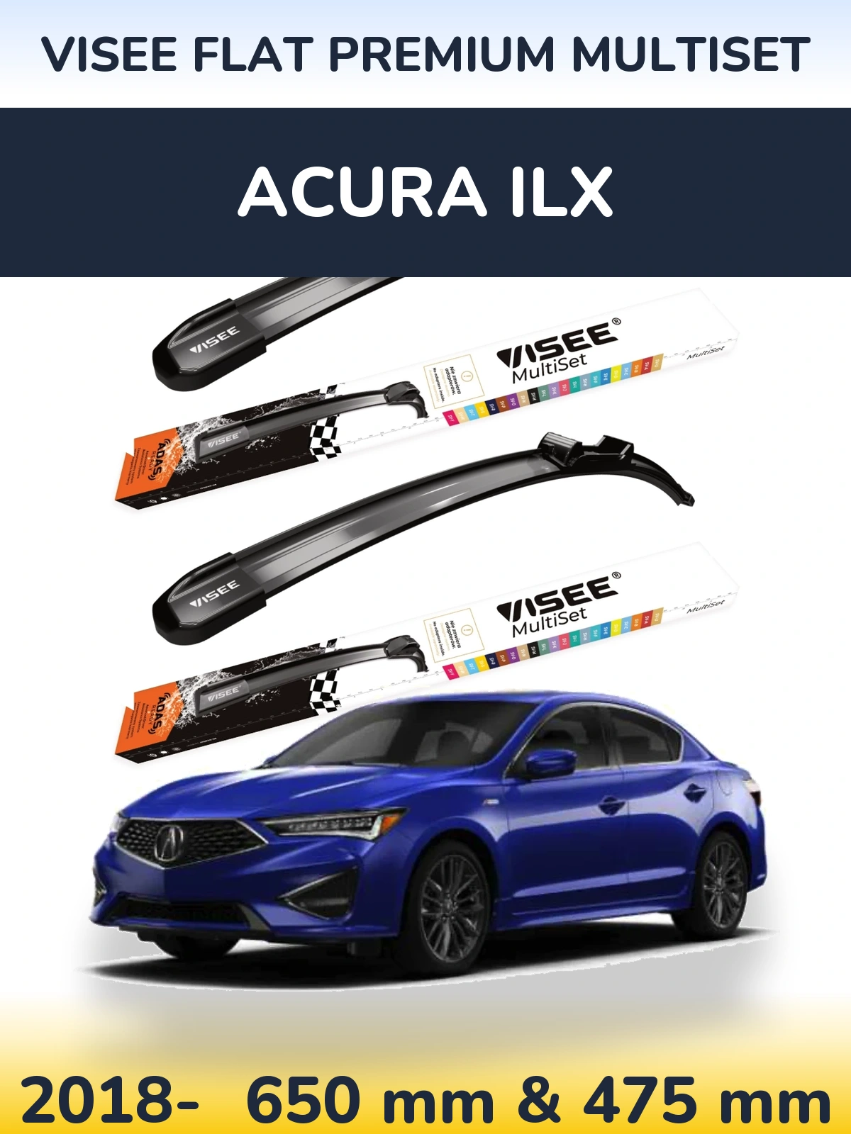 Комплект передніх щіток VISEE FLAT PREMIUM MultiSet 650 & 475 мм для Acura ILX 2018-2026