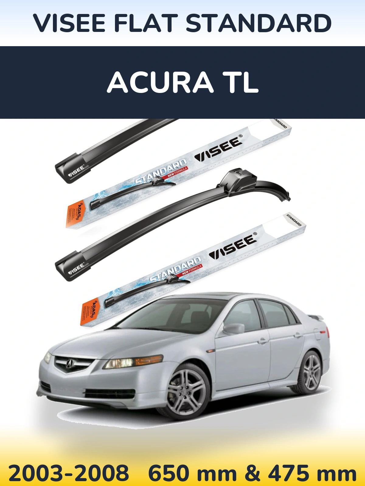 Комплект передніх щіток VISEE FLAT STANDARD 650 & 475 мм для Acura TL 2003-2008