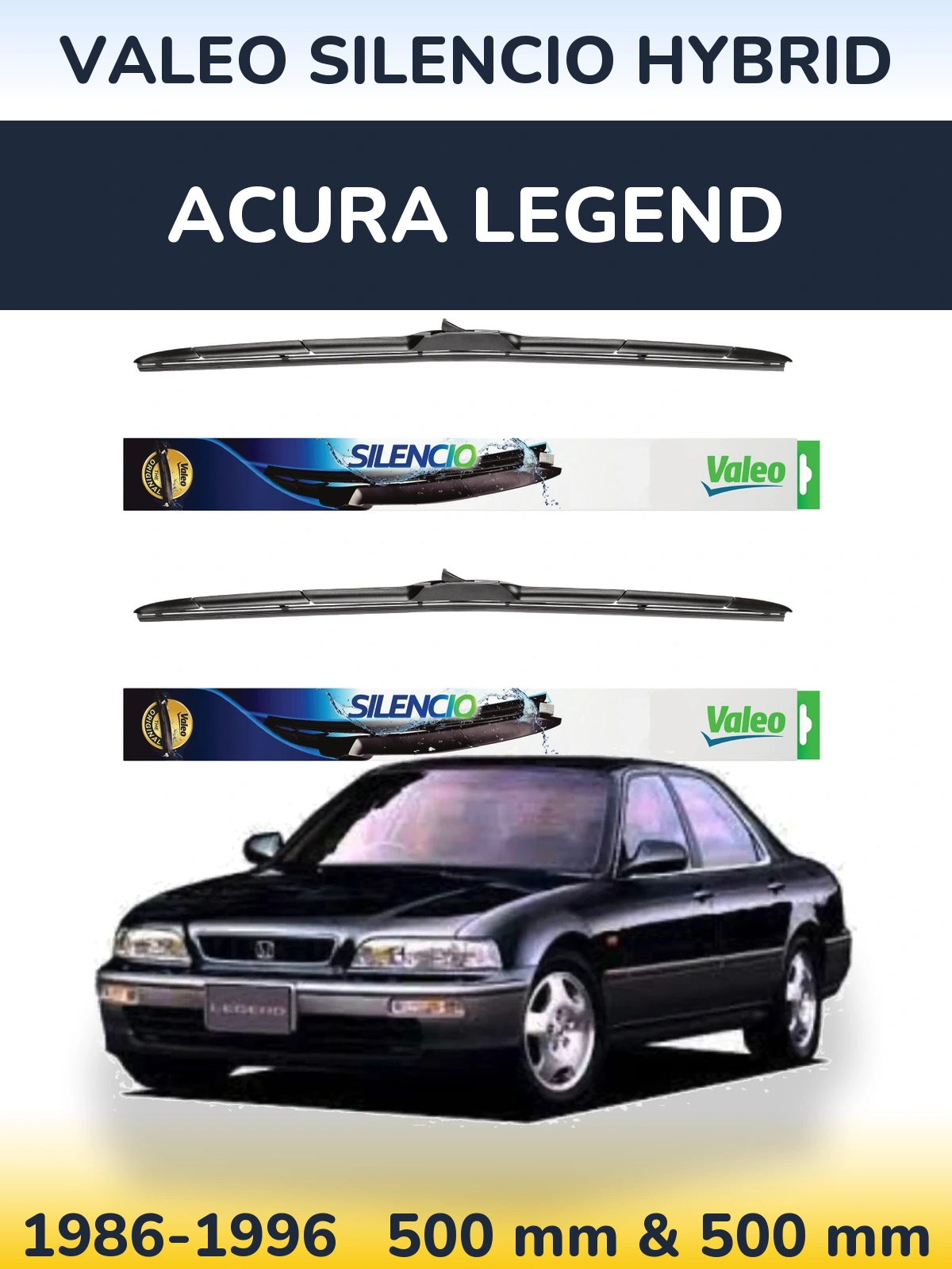 Front wiper blade set Valeo Silencio Hybrid 500 & 500 mm for Acura Legend 1986-1996