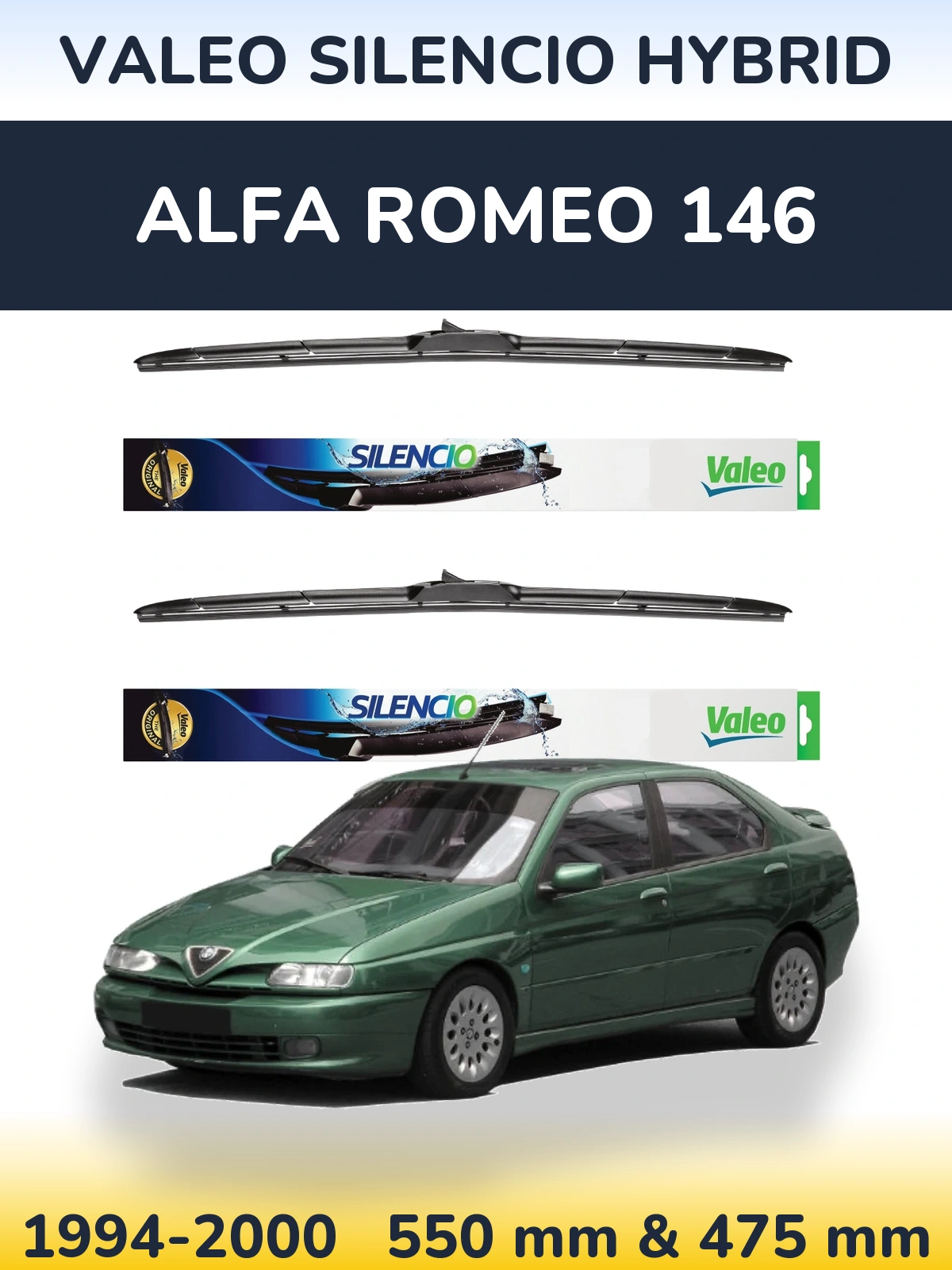 Front wiper blade set Valeo Silencio Hybrid 550 & 475 mm for Alfa Romeo 146 1994-2000