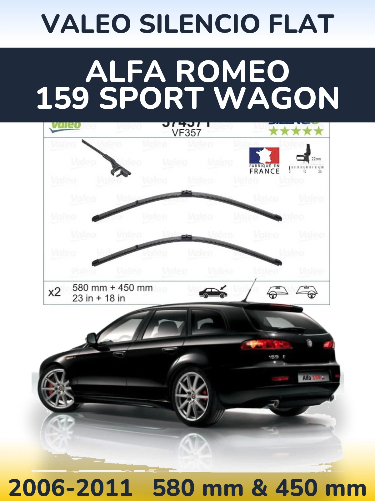 Комплект передніх щіток Valeo Silencio Flat 580 & 450 мм для Alfa Romeo 159 Sport Wagon 2006-2011