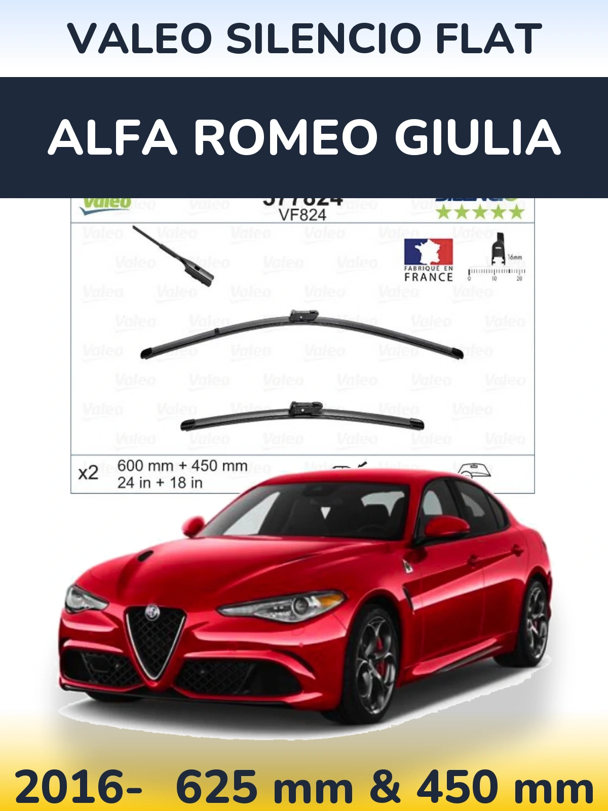 Комплект передніх щіток Valeo Silencio Flat 600 & 450 мм для Alfa Romeo Giulia 2016-2026