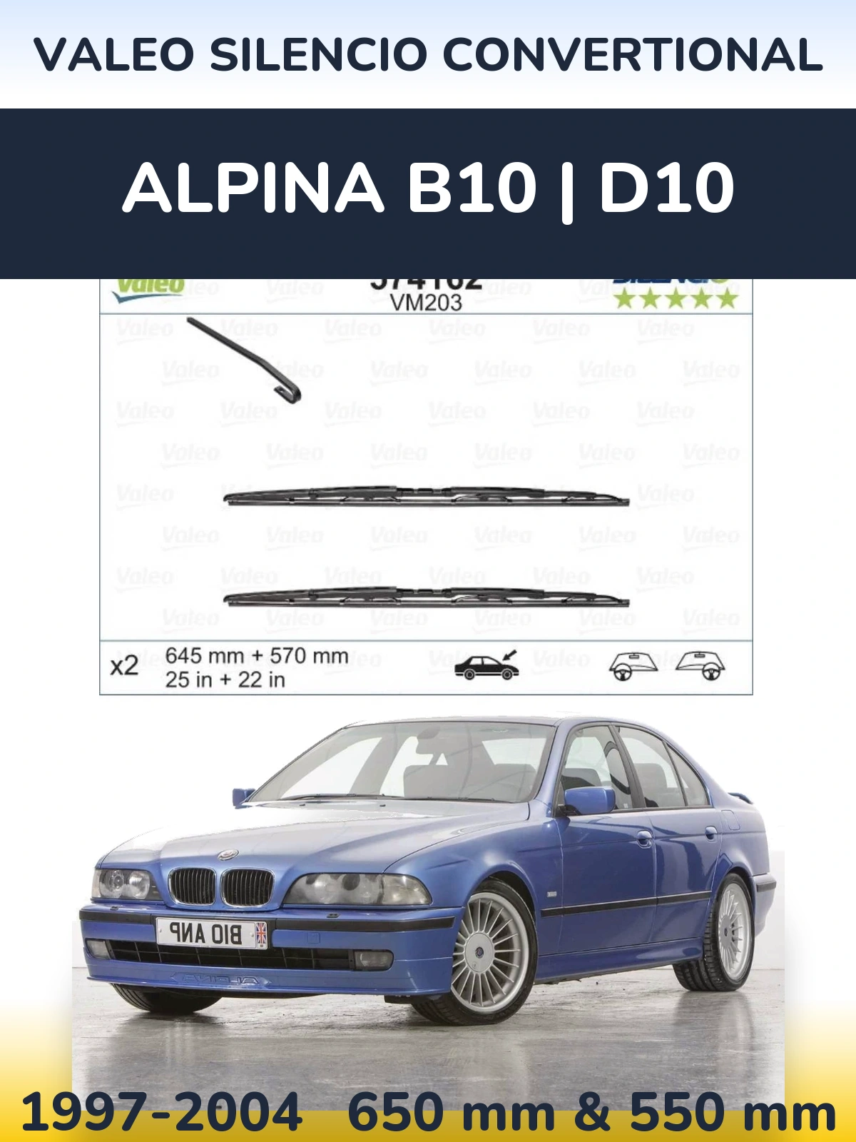 Комплект передніх щіток Valeo Silencio Convertional 645 & 570 мм для Alpina B10 | D10 1997-2004