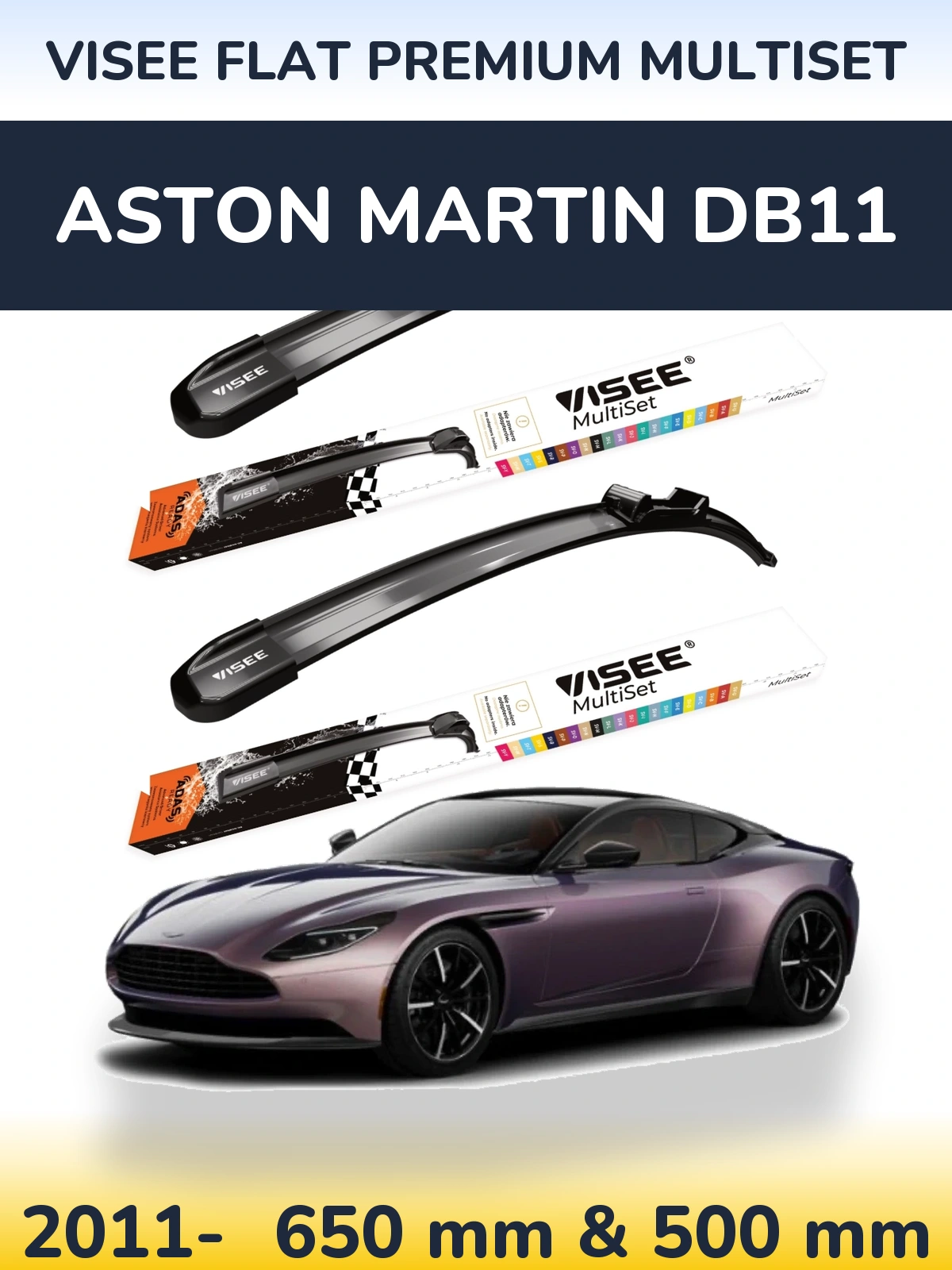 Комплект передніх щіток VISEE FLAT PREMIUM MultiSet 650 & 500 мм для Aston Martin DB11 2011-2026