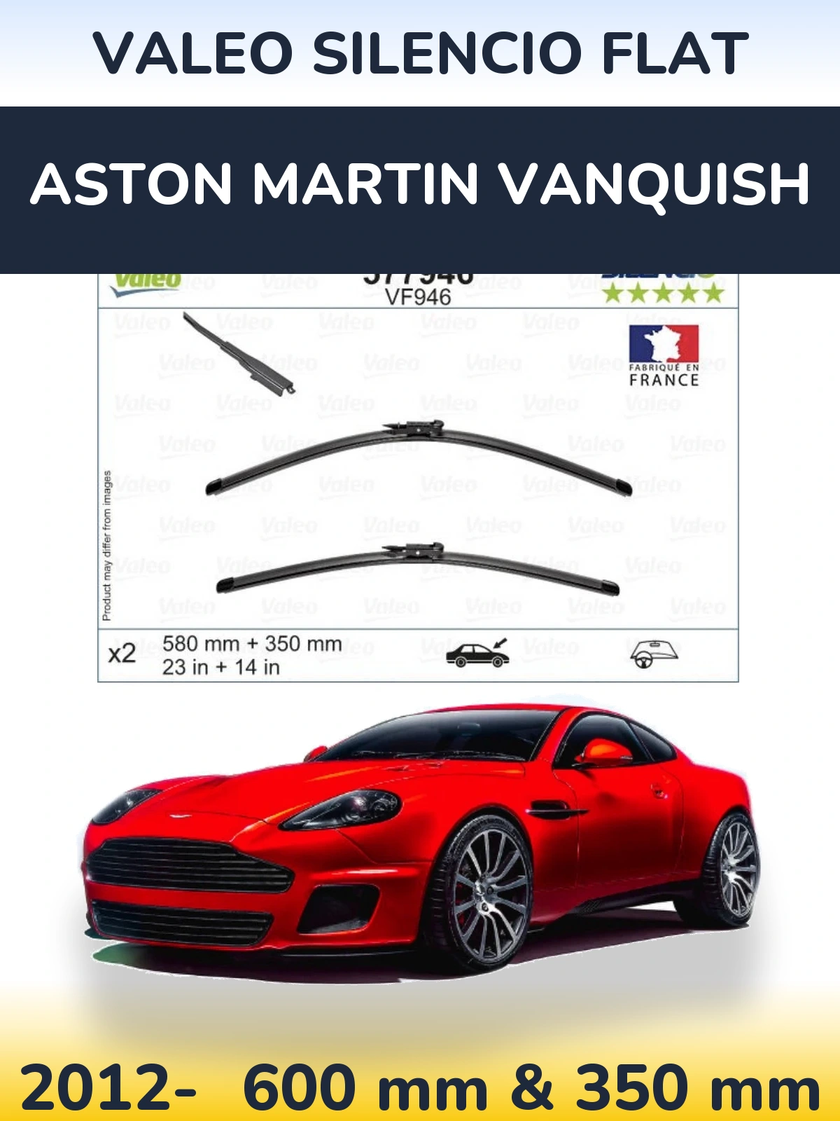 Комплект передніх щіток Valeo Silencio Flat 580 & 350 мм для Aston Martin Vanquish 2012-2026
