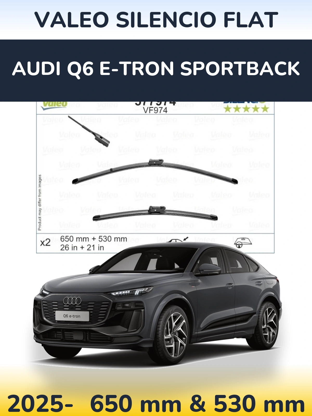Комплект передніх щіток Valeo Silencio Flat 650 & 530 мм для Audi Q6 e-tron Sportback 2025-2026