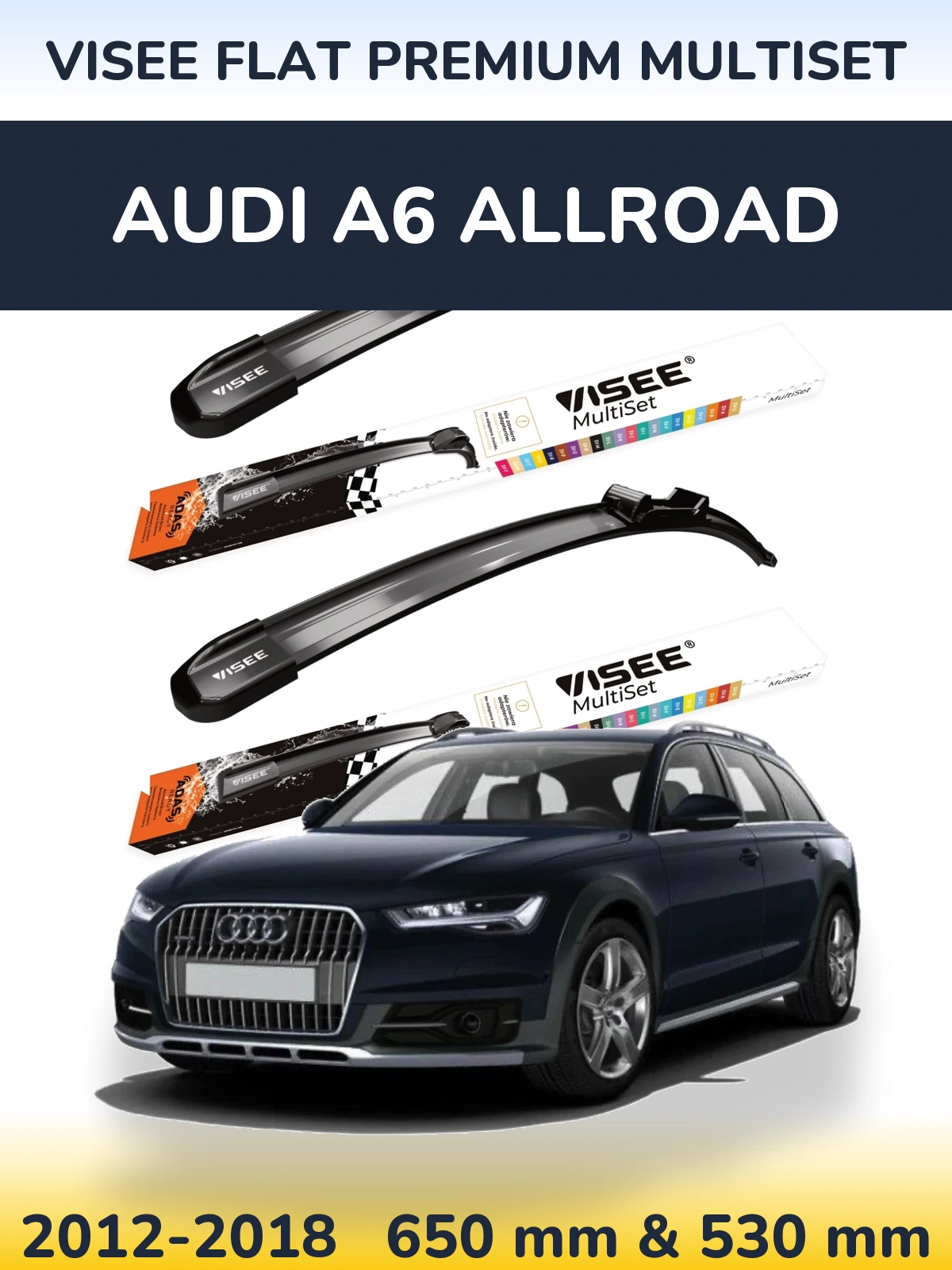 Комплект передних дворников VISEE FLAT PREMIUM MultiSet 650 & 530 мм для Audi A6 Allroad 2012-2018
