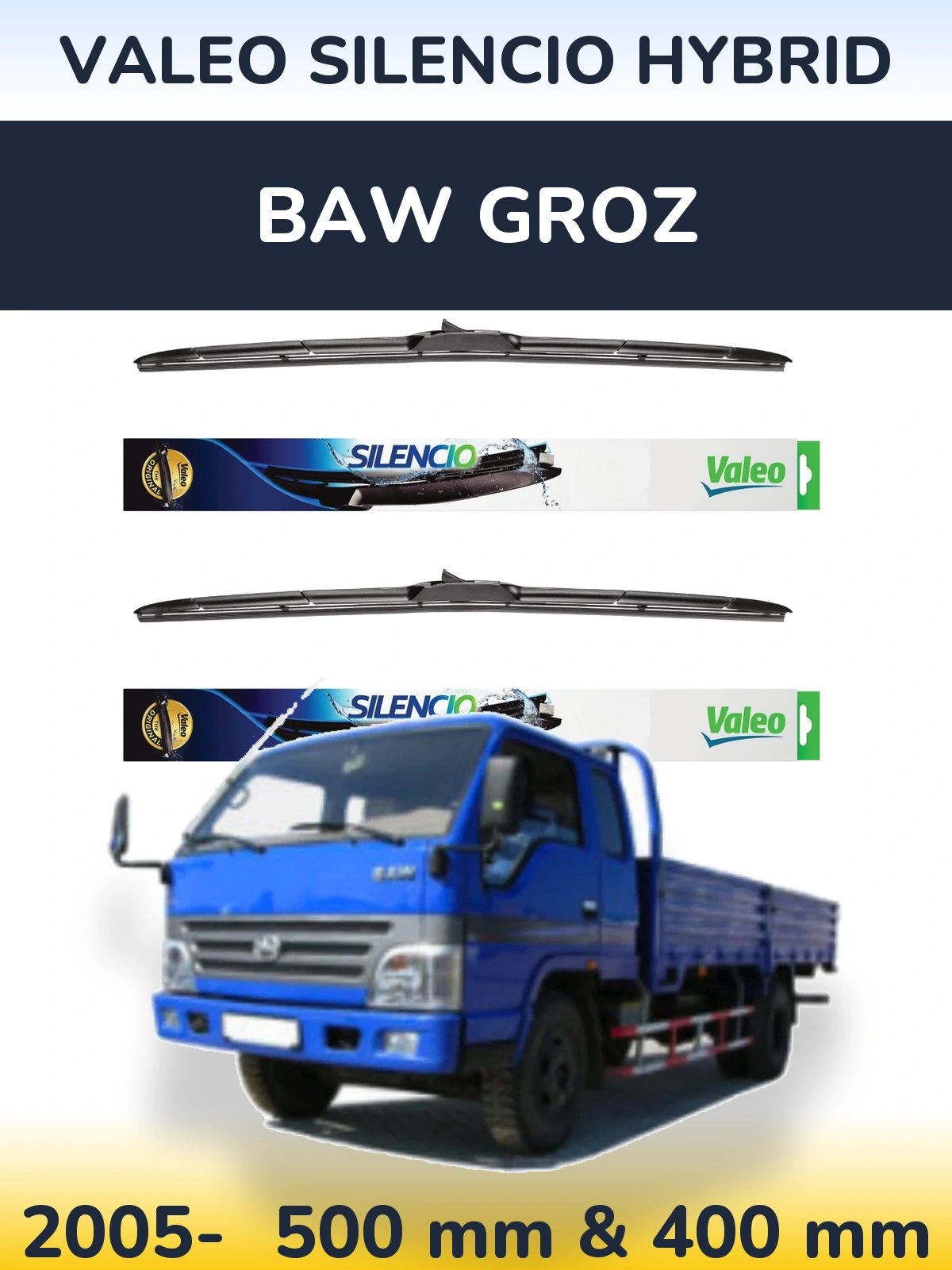 Комплект передних дворников Valeo Silencio Hybrid 500 & 400 мм для BAW Groz 2005-2026