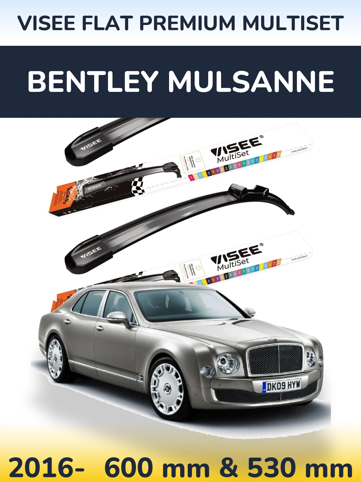 Комплект передних дворников VISEE FLAT PREMIUM MultiSet 600 & 530 мм для Bentley Mulsanne 2016-2026