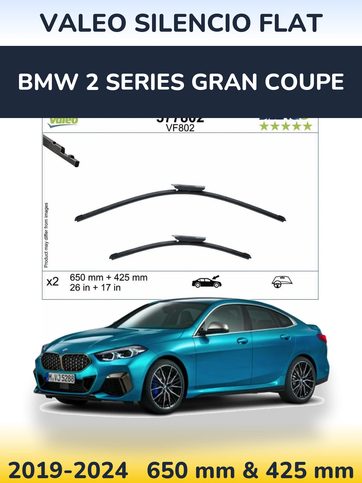 Комплект передніх щіток Valeo Silencio Flat 650 & 425 мм для BMW 2 Series Gran Coupe 2019-2024