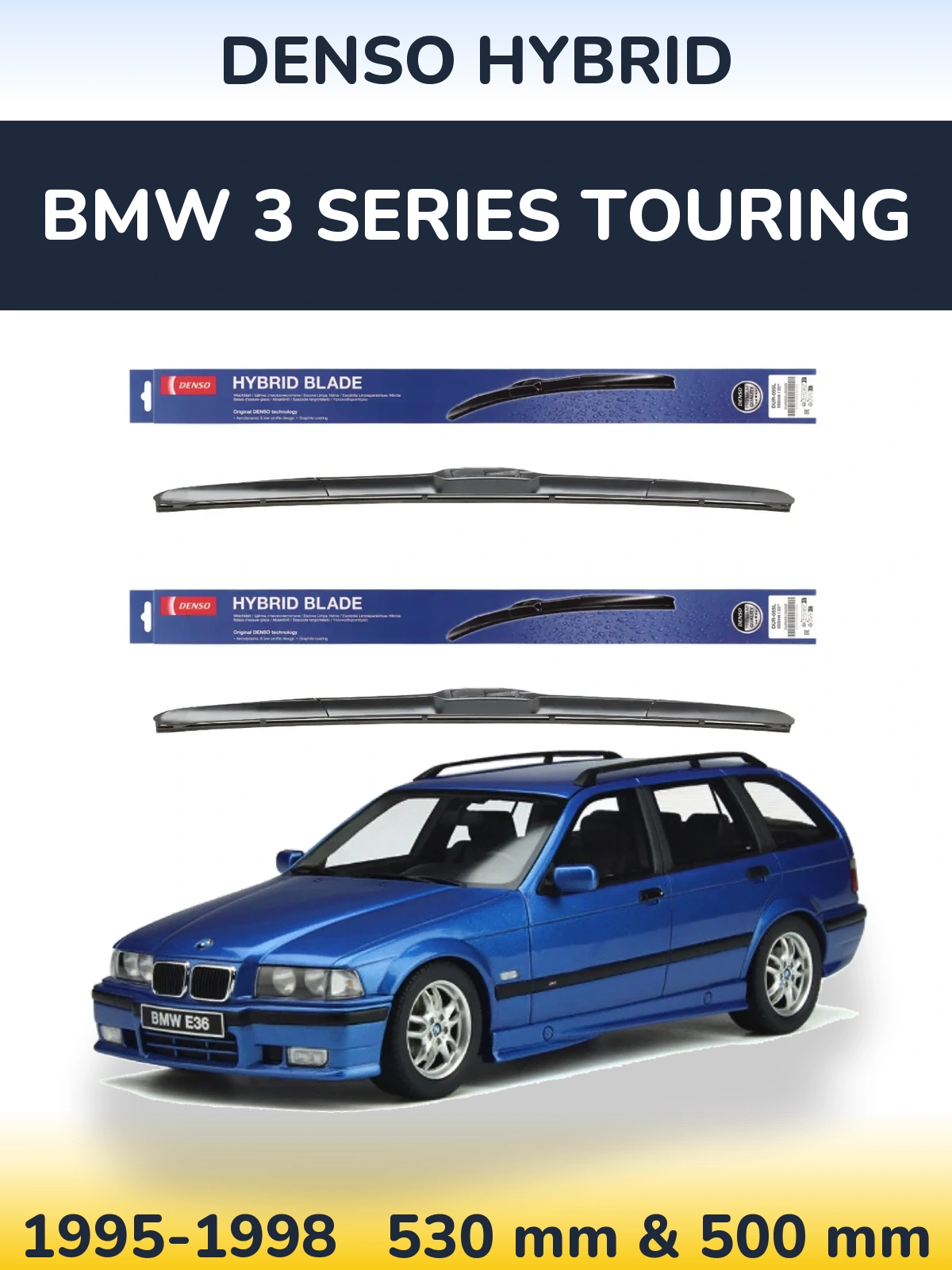 Front wiper blade set Denso Hybrid 530 & 500 mm for BMW 3 Series Touring 1995-1998