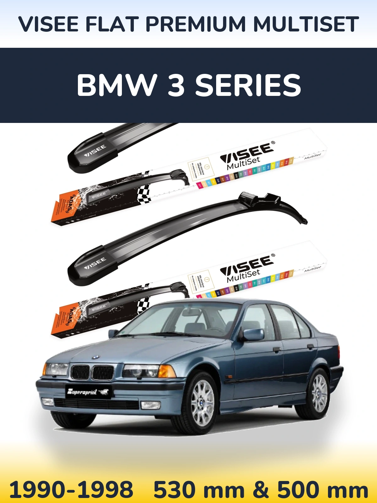 Комплект передніх щіток VISEE FLAT PREMIUM MultiSet 530 & 500 мм для BMW 3 Series 1990-1998