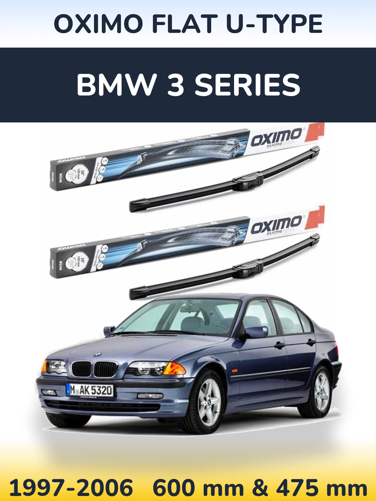 Front wiper blade set Oximo Flat U-type 600 & 475 mm for BMW 3 Series 1997-2006