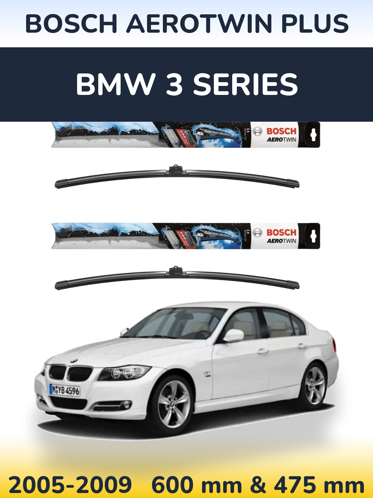 Front wiper blade set BOSCH AeroTwin Plus 600 & 475 mm for BMW 3 Series 2005-2009