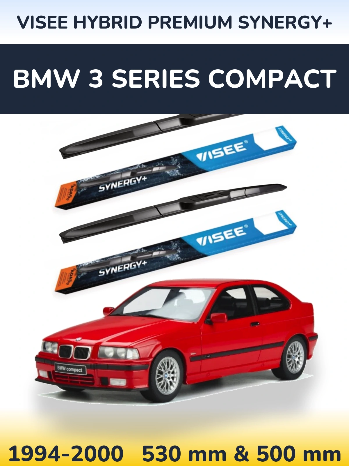 Front wiper blade set VISEE HYBRID PREMIUM SYNERGY+ 530 & 500 mm for BMW 3 Series Compact 1994-2000