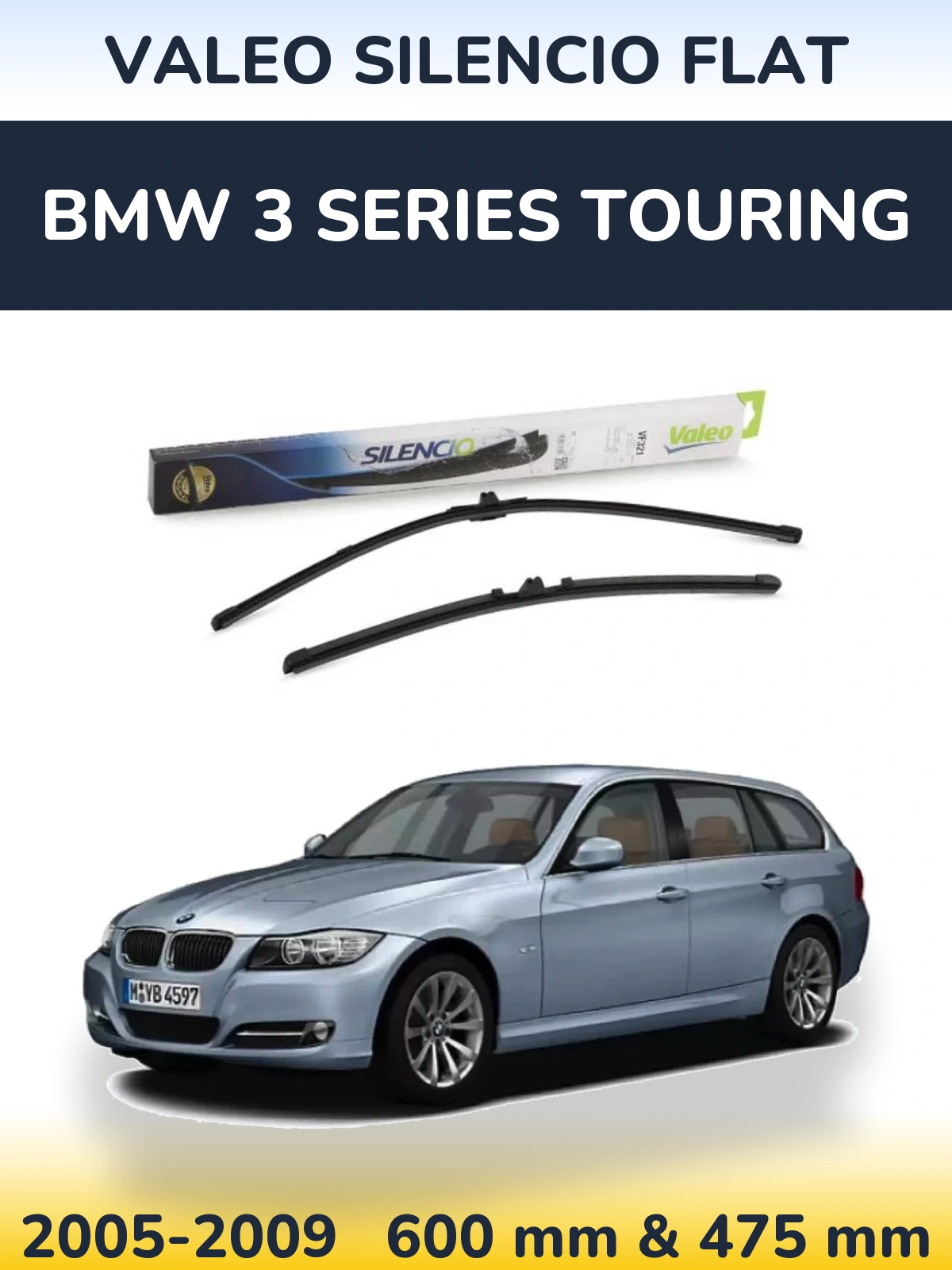 Front wiper blade set Valeo Silencio Flat 600 & 475 mm for BMW 3 Series Touring 2005-2009