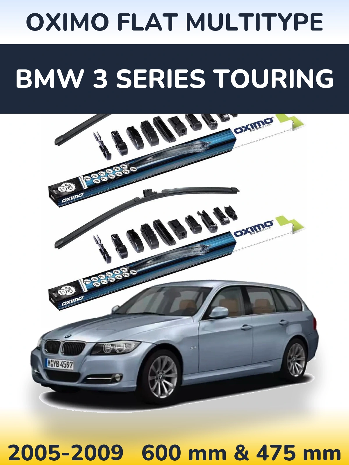 Front wiper blade set Oximo Flat MultiTypee 600 & 475 mm for BMW 3 Series Touring 2005-2009
