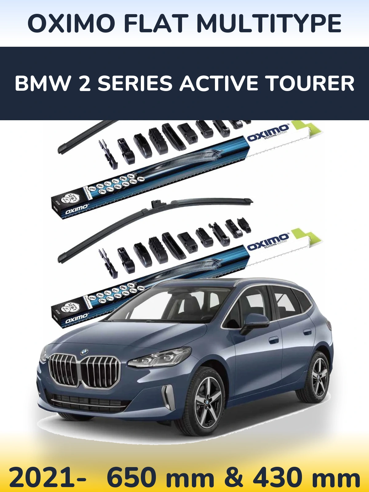 Front wiper blade set Oximo Flat MultiTypee 650 & 430 mm for BMW 2 Series Active Tourer 2021-2026