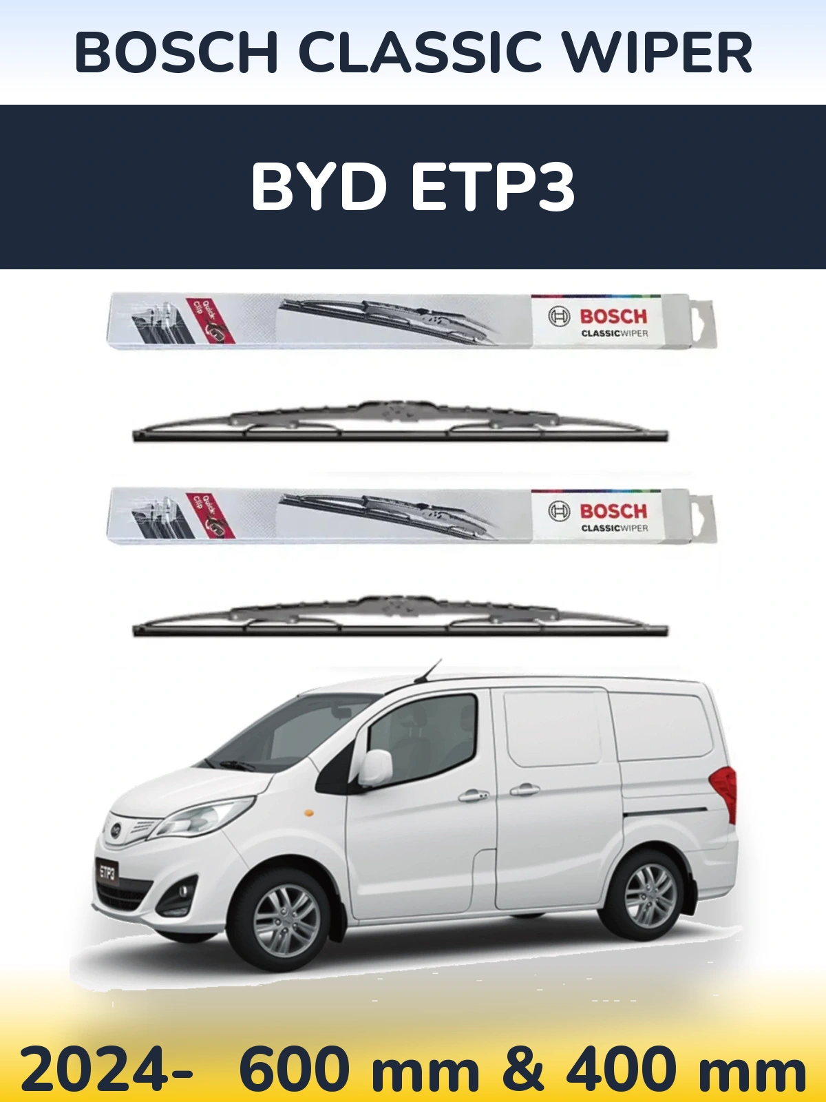 Комплект передних дворников BOSCH Classic Wiper 600 & 400 мм для BYD ETP3 2024-2026