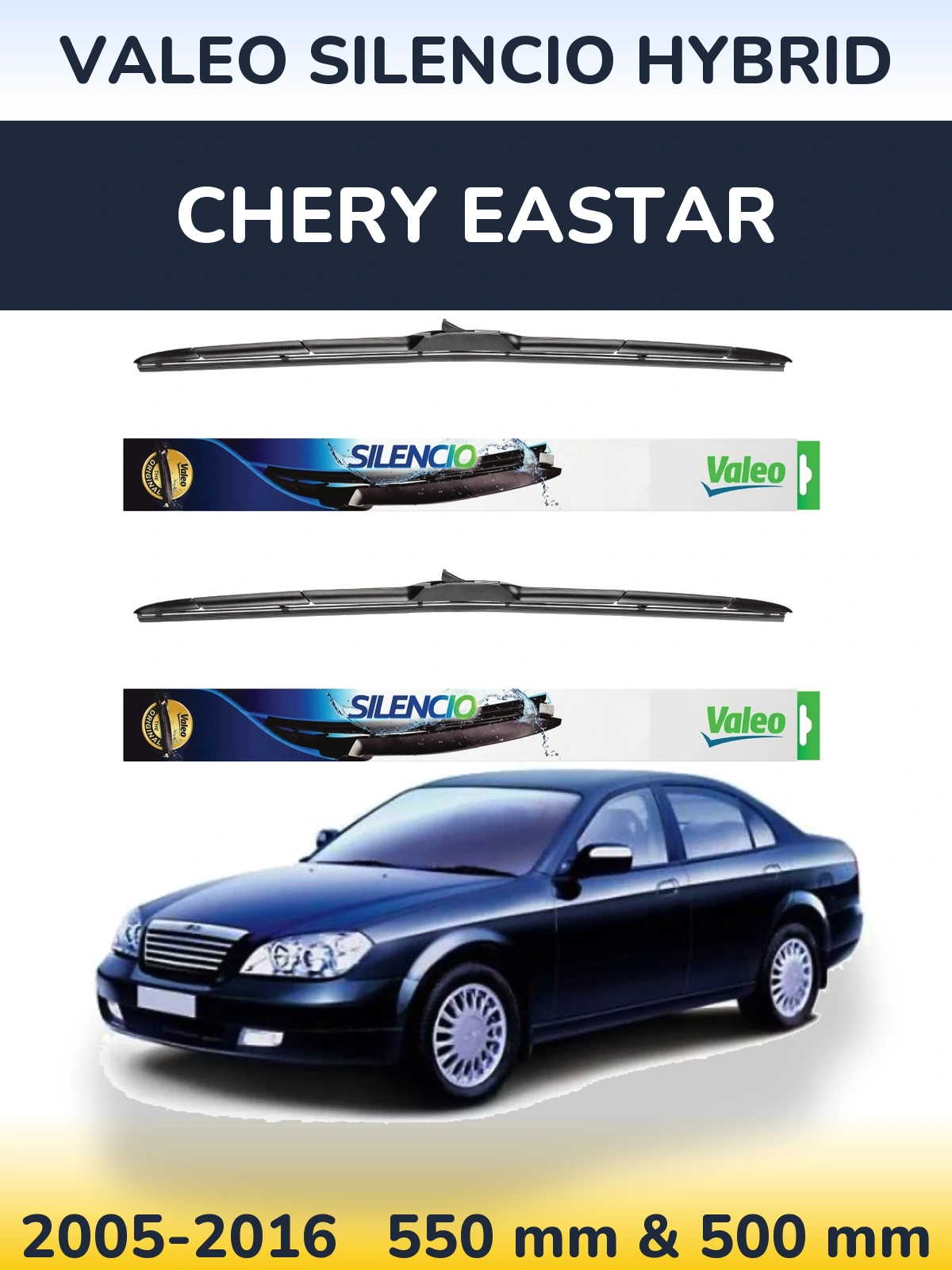 Front wiper blade set Valeo Silencio Hybrid 550 & 500 mm for Chery Eastar 2005-2016