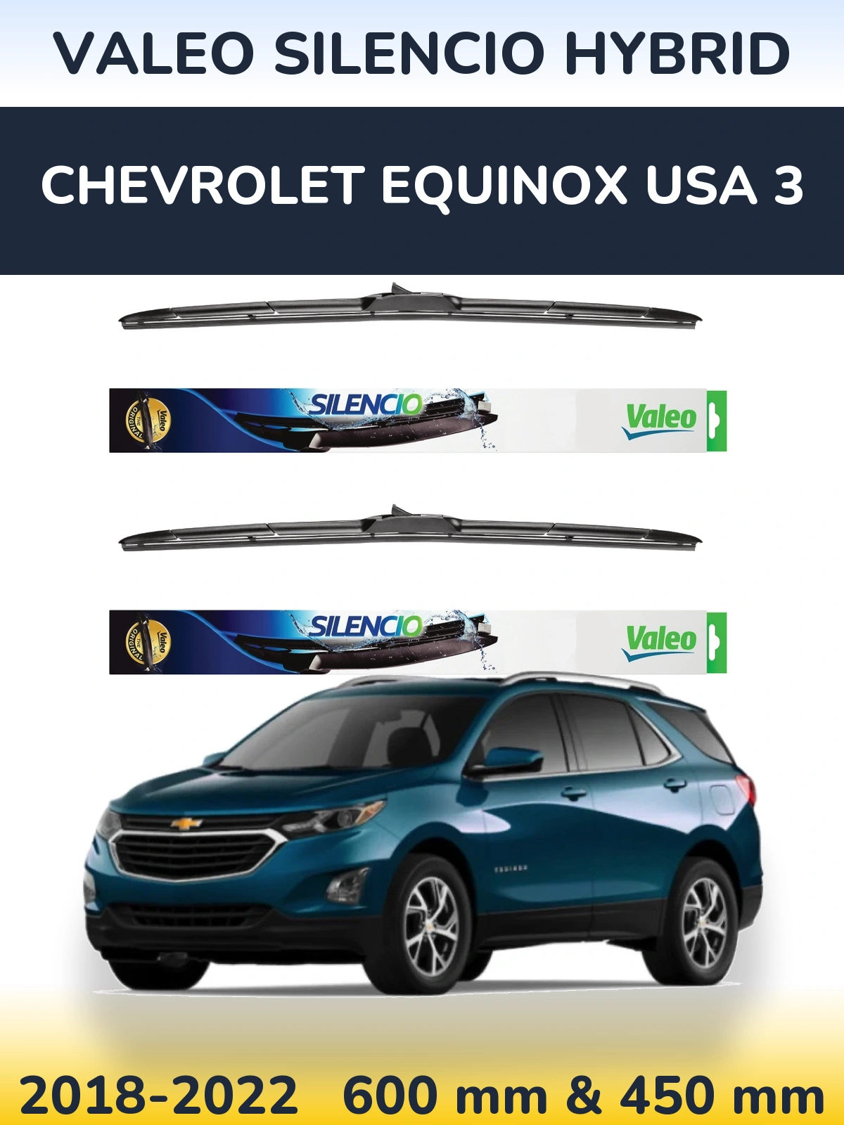 Front wiper blade set Valeo Silencio Hybrid 600 & 450 mm for Chevrolet Equinox USA 3 2018-2022