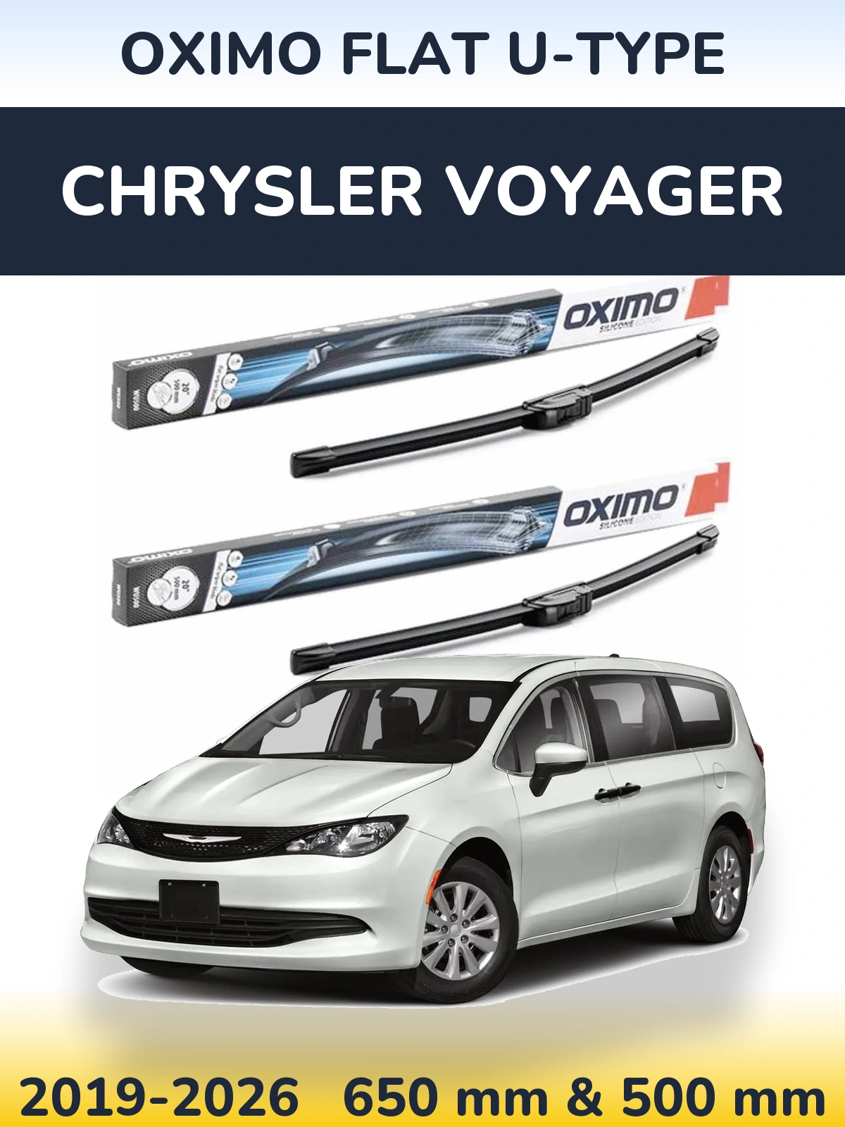 Front wiper blade set Oximo Flat U-type 650 & 500 mm for Chrysler Voyager 2019-2026