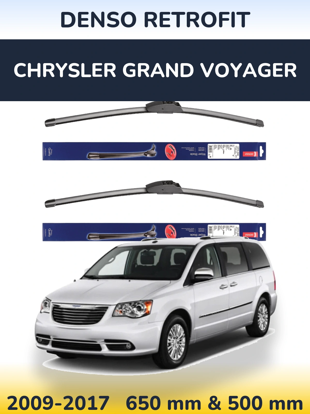 Front wiper blade set Denso Retrofit 650 & 500 mm for Chrysler Grand Voyager 2009-2017