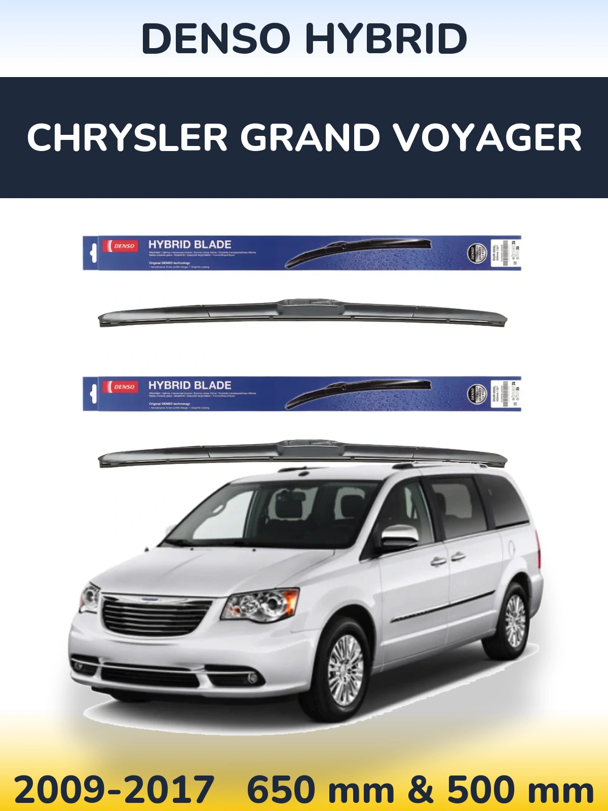 Front wiper blade set Denso Hybrid 650 & 500 mm for Chrysler Grand Voyager 2009-2017
