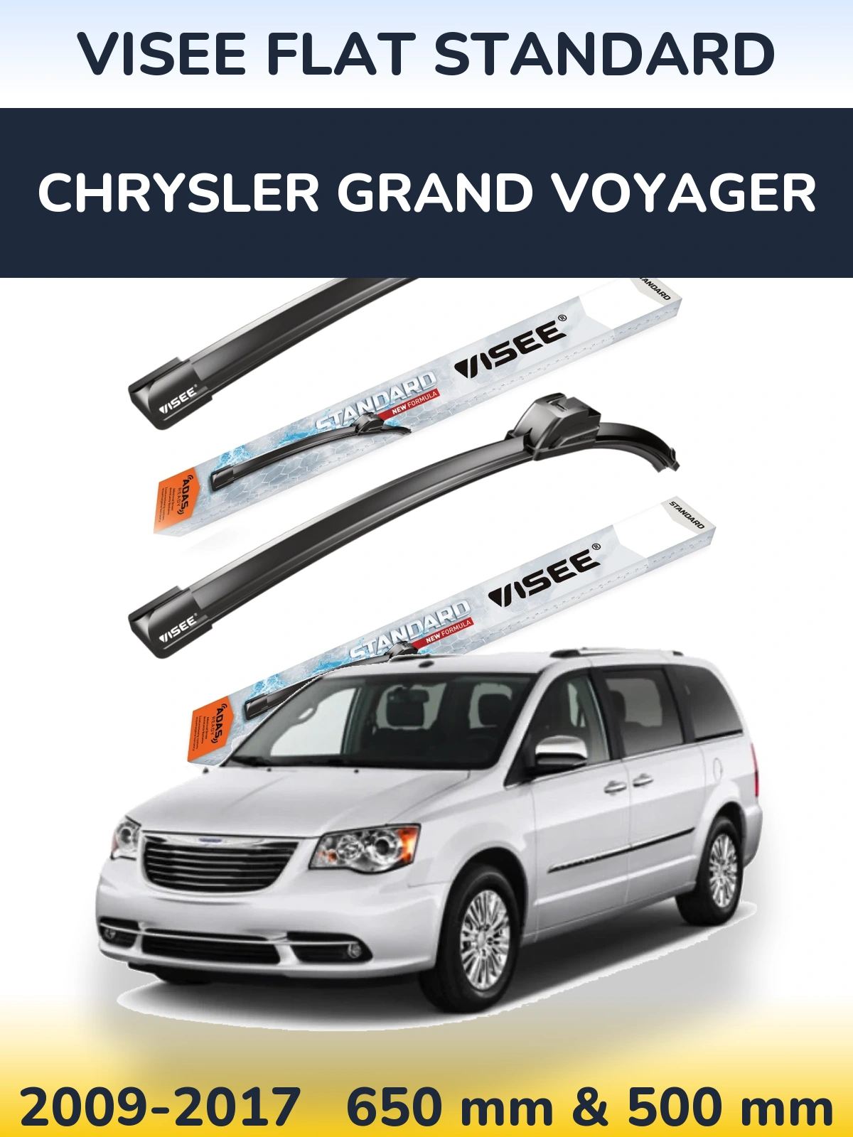 Комплект передних дворников VISEE FLAT STANDARD 650 & 500 мм для Chrysler Grand Voyager 2009-2017