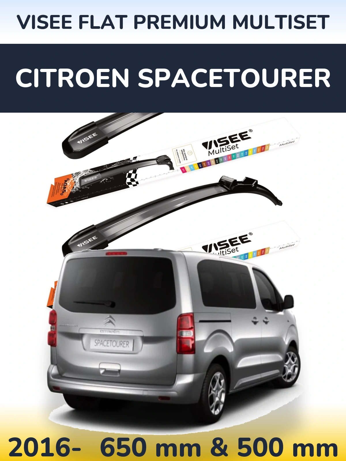Комплект передніх щіток VISEE FLAT PREMIUM MultiSet 650 & 500 мм для Citroen SpaceTourer 2016-2026
