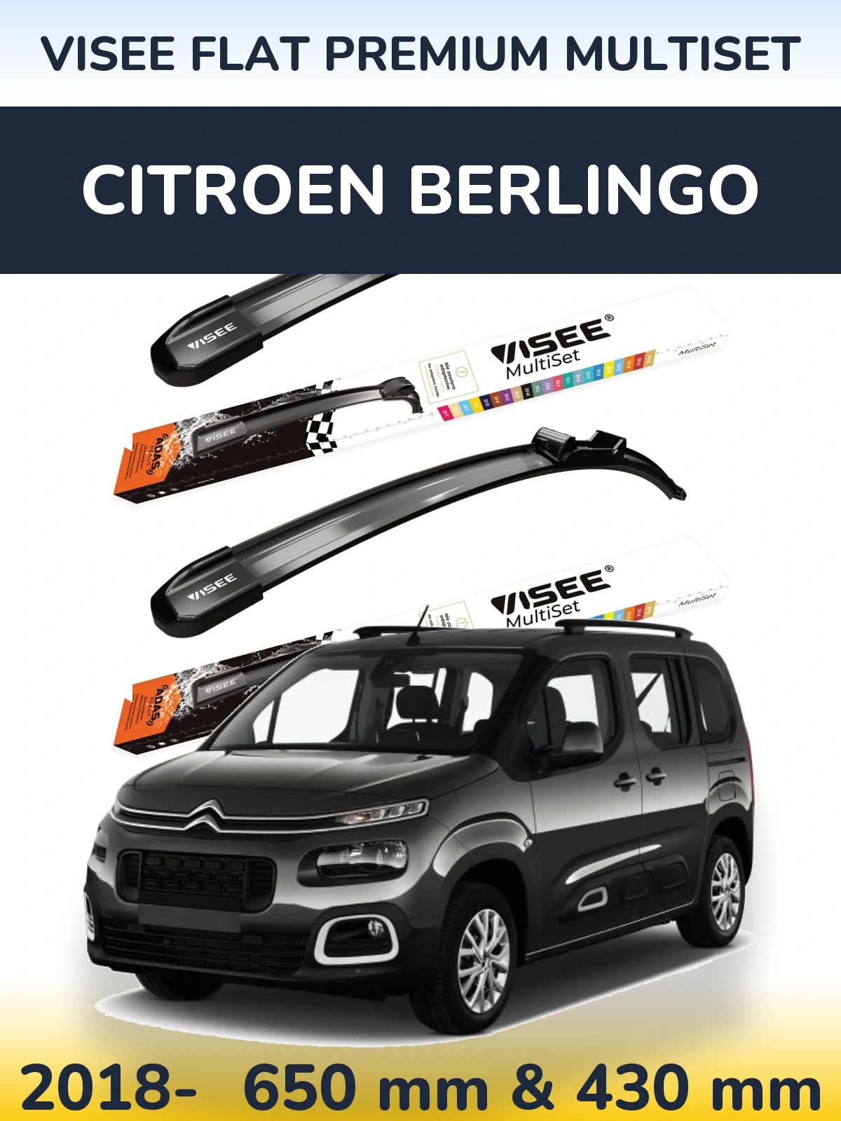 Комплект передніх щіток VISEE FLAT PREMIUM MultiSet 650 & 430 мм для Citroen Berlingo 2018-2026