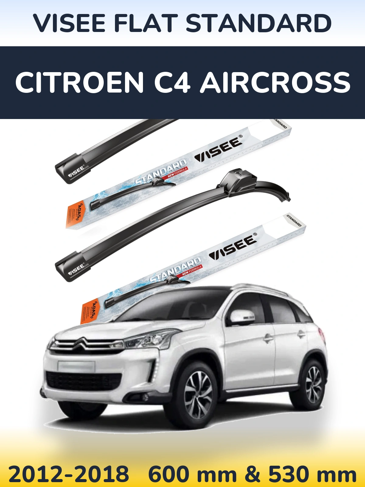Комплект передних дворников VISEE FLAT STANDARD 600 & 530 мм для Citroen C4 Aircross 2012-2018