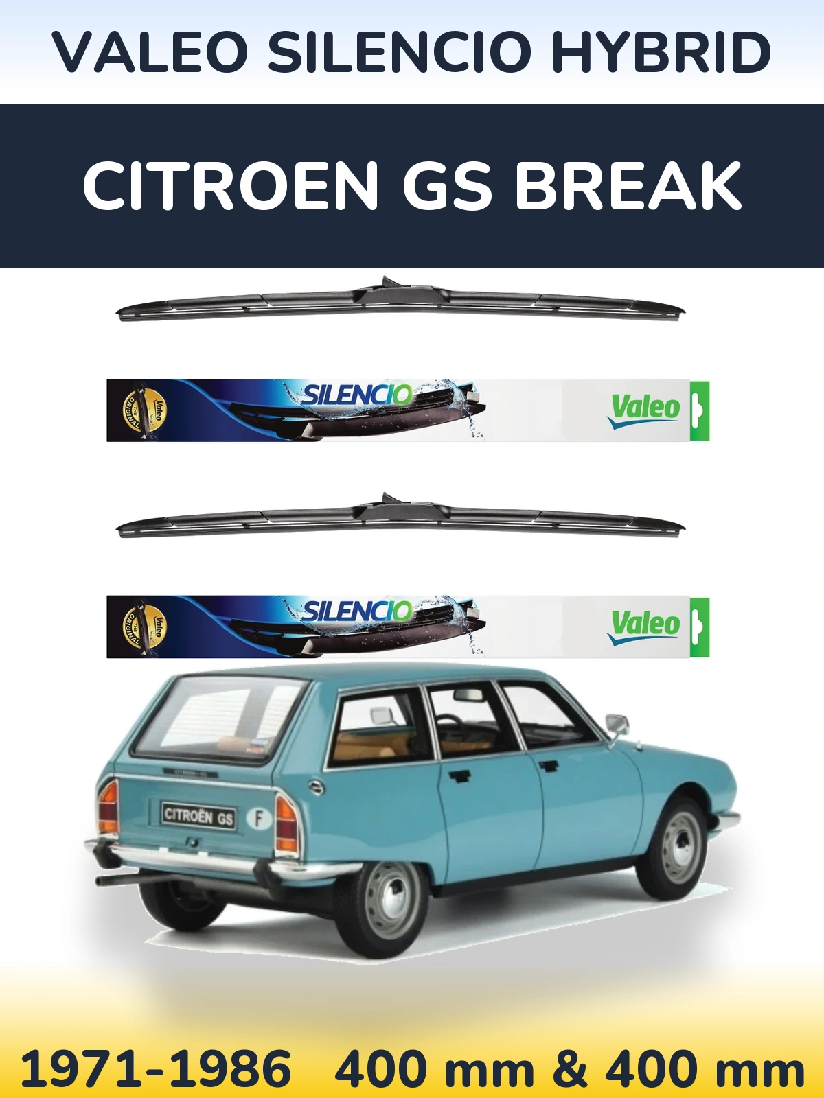 Front wiper blade set Valeo Silencio Hybrid 400 & 400 mm for Citroen GS Break 1971-1986