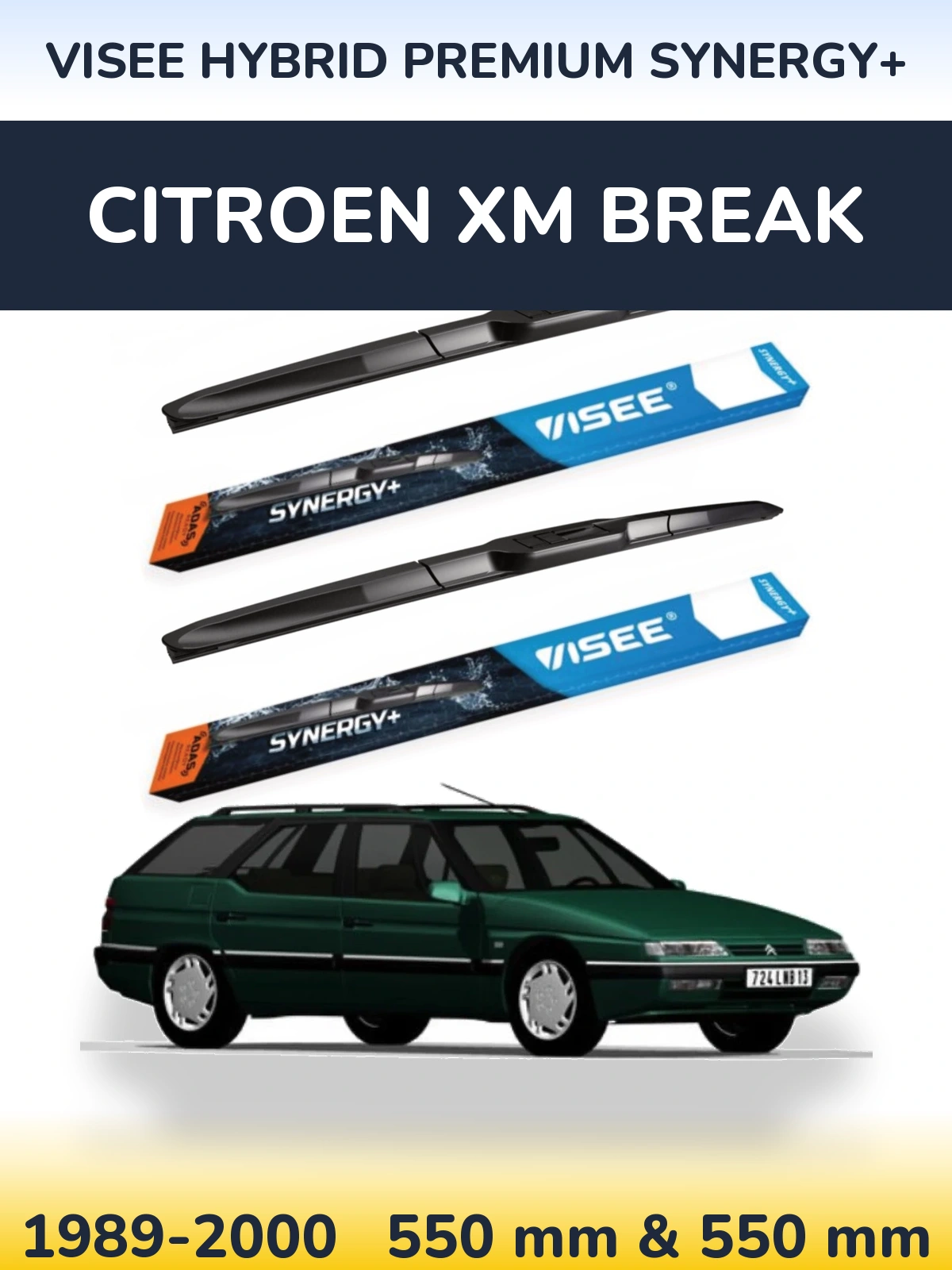 Front wiper blade set VISEE HYBRID PREMIUM SYNERGY+ 550 & 550 mm for Citroen XM Break 1989-2000