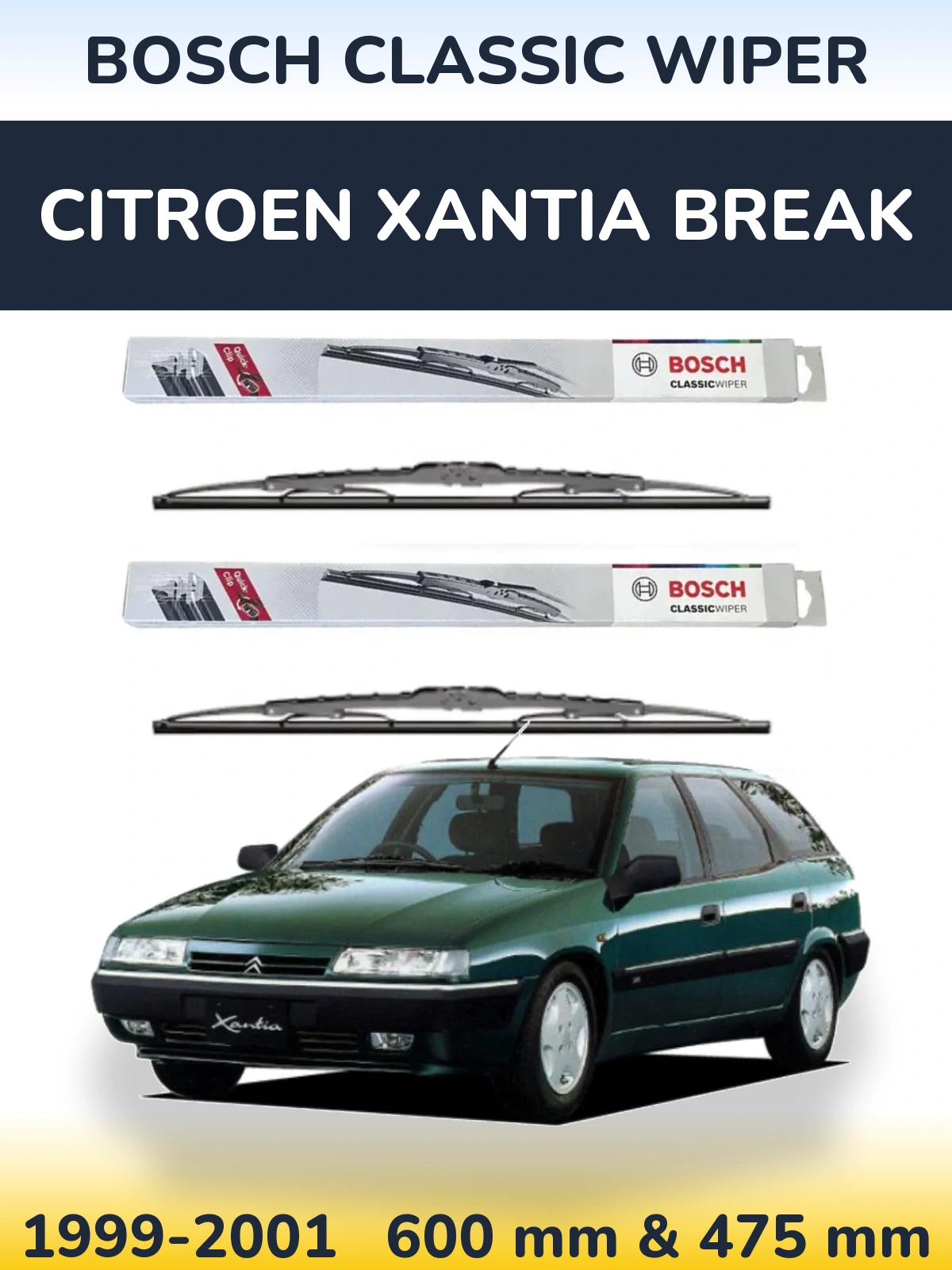 Комплект передніх щіток BOSCH Classic Wiper 600 & 475 мм для Citroen Xantia Break 1999-2001