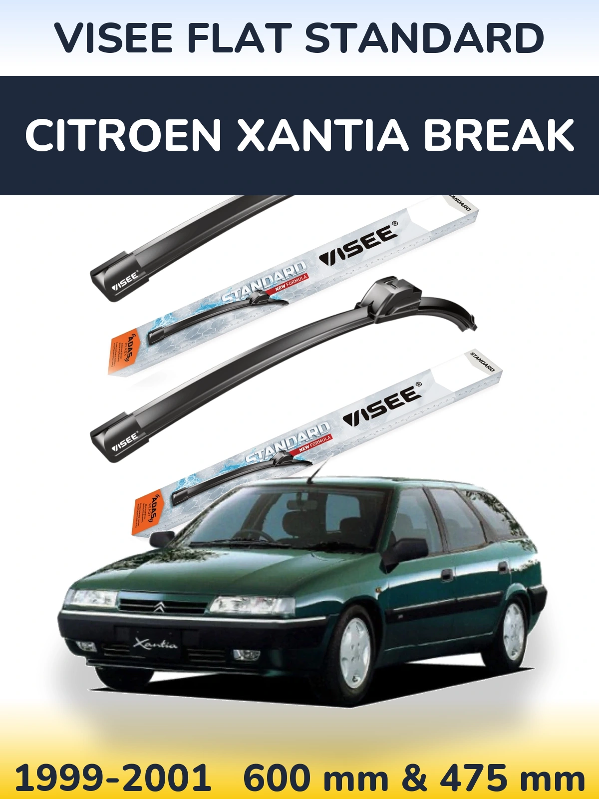 Комплект передніх щіток VISEE FLAT STANDARD 600 & 475 мм для Citroen Xantia Break 1999-2001