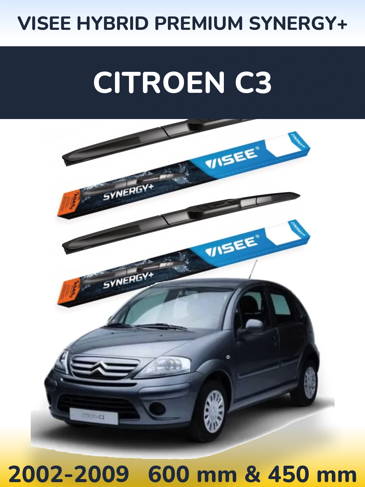 Комплект передніх щіток VISEE HYBRID PREMIUM SYNERGY+ 600 & 450 мм для Citroen C3 2002-2009