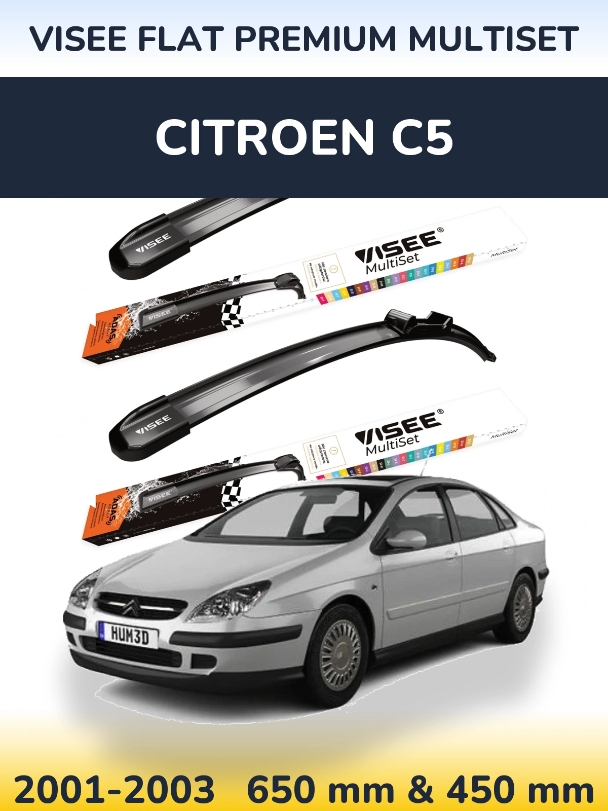 Комплект передніх щіток VISEE FLAT PREMIUM MultiSet 650 & 450 мм для Citroen C5 2001-2003