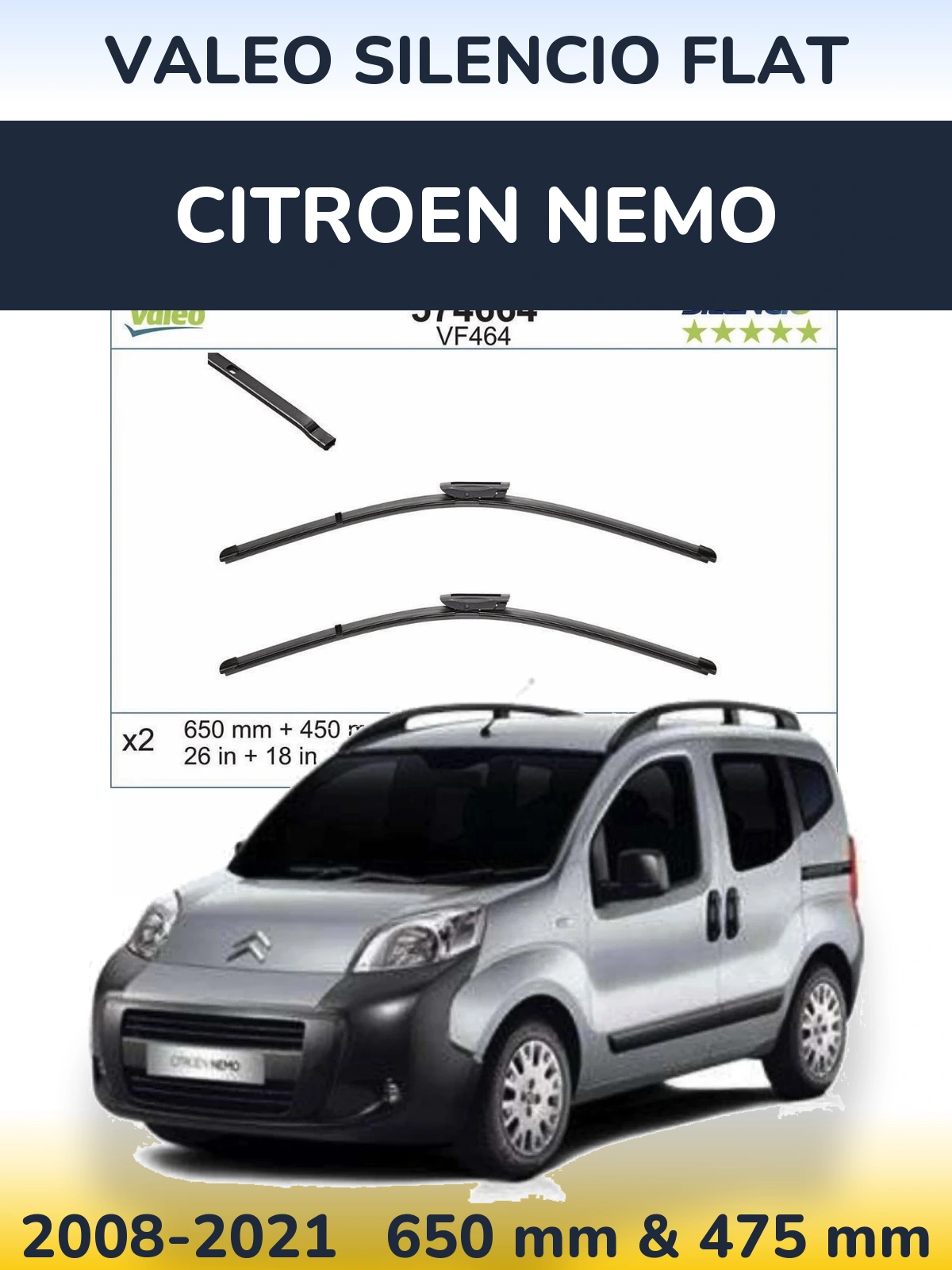 Комплект передніх щіток Valeo Silencio Flat 650 & 450 мм для Citroen Nemo 2008-2021