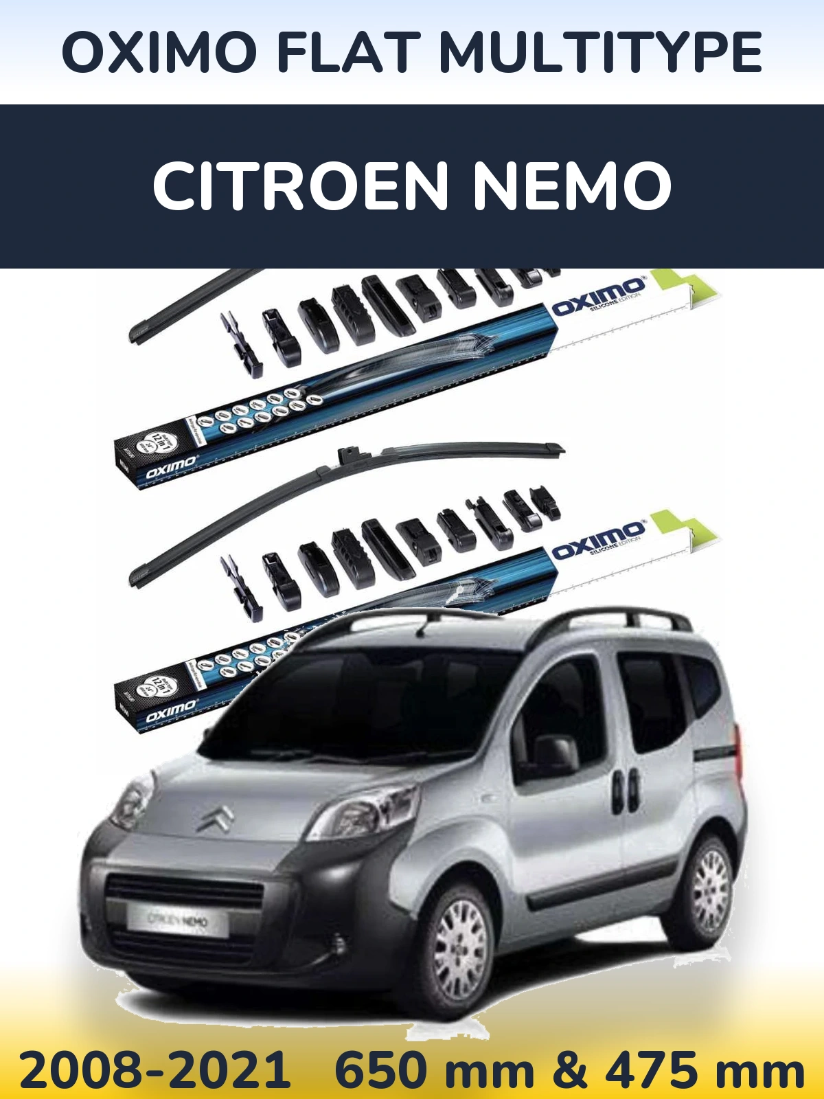 Комплект передних дворников Oximo Flat MultiТипe 650 & 475 мм для Citroen Nemo 2008-2021