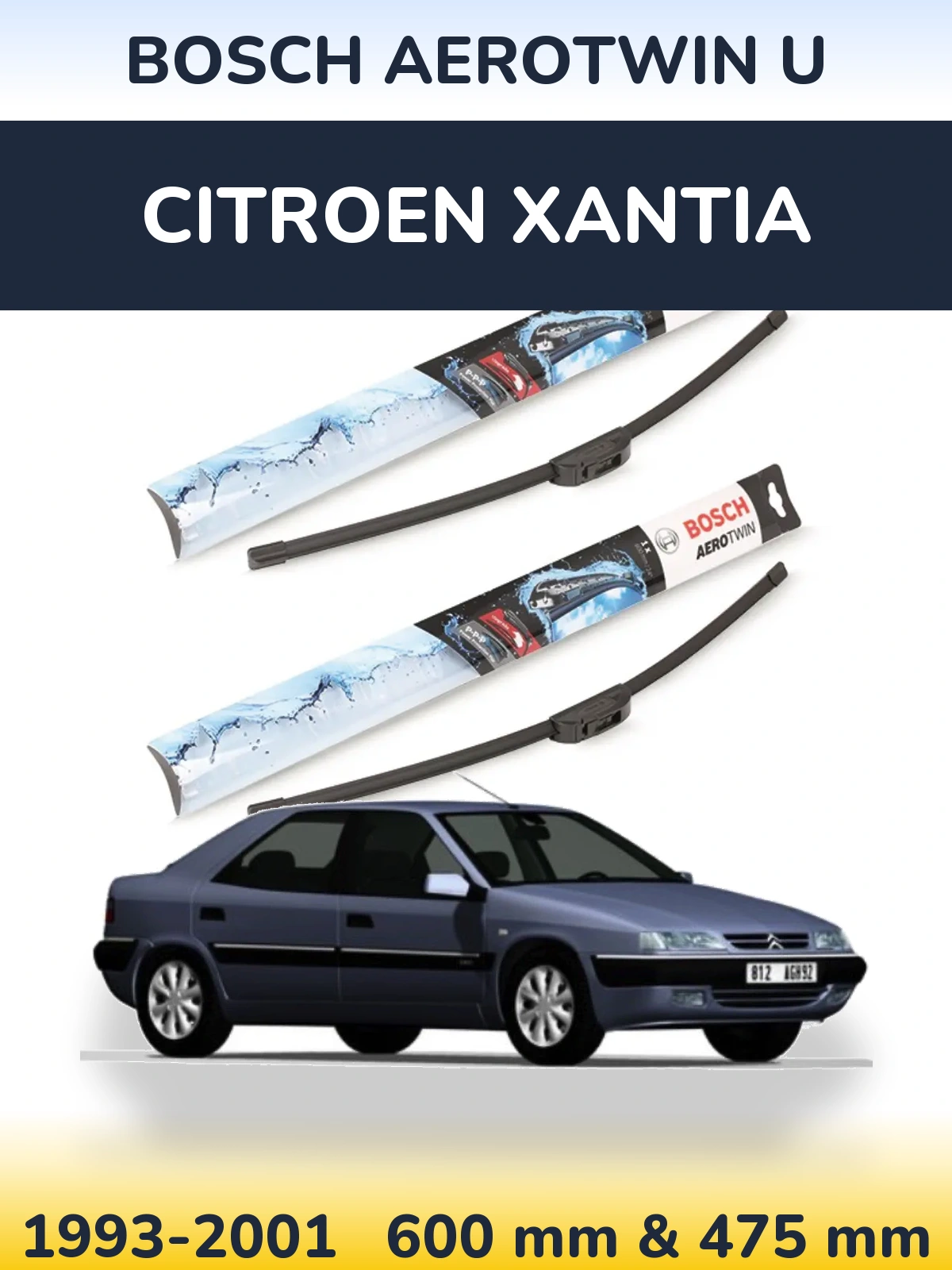 Комплект передніх щіток BOSCH AeroTwin U 600 & 475 мм для Citroen Xantia 1993-2001
