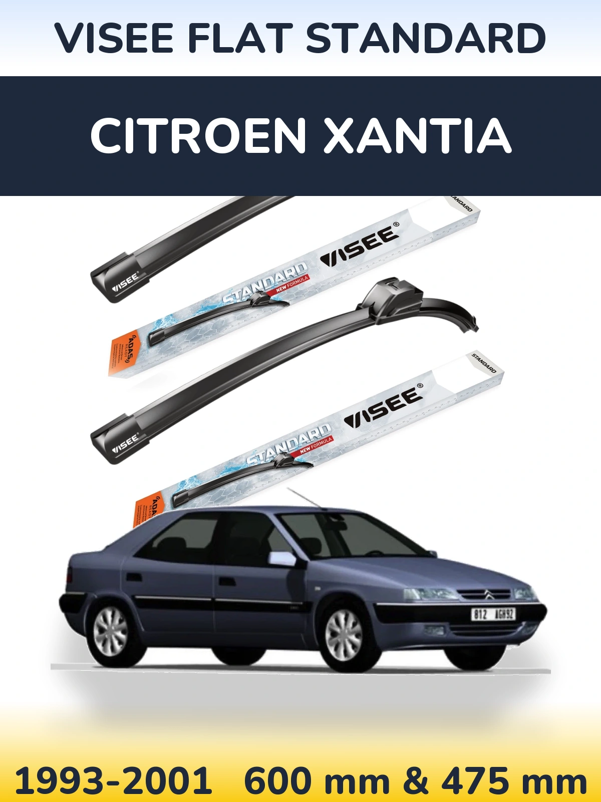 Front wiper blade set VISEE FLAT STANDARD 600 & 475 mm for Citroen Xantia 1993-2001