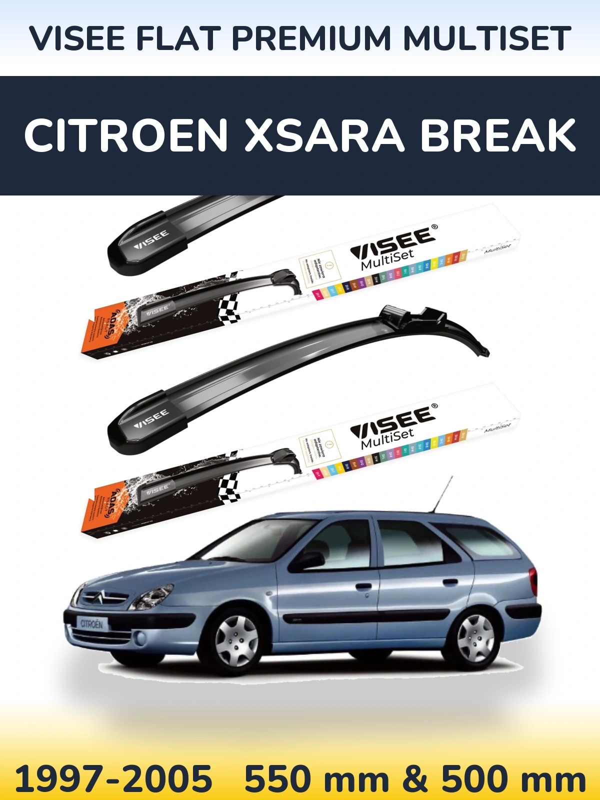 Комплект передніх щіток VISEE FLAT PREMIUM MultiSet 550 & 500 мм для Citroen Xsara Break 1997-2005