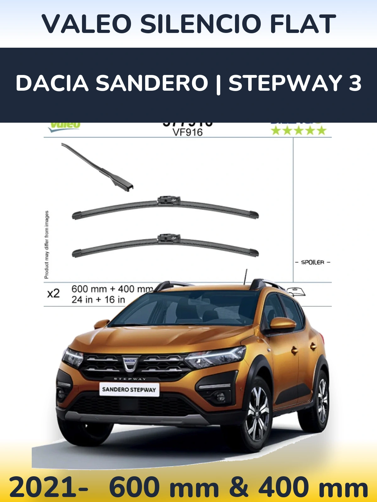 Комплект передніх щіток Valeo Silencio Flat 600 & 400 мм для Dacia Sandero | Stepway 3 2021-2026