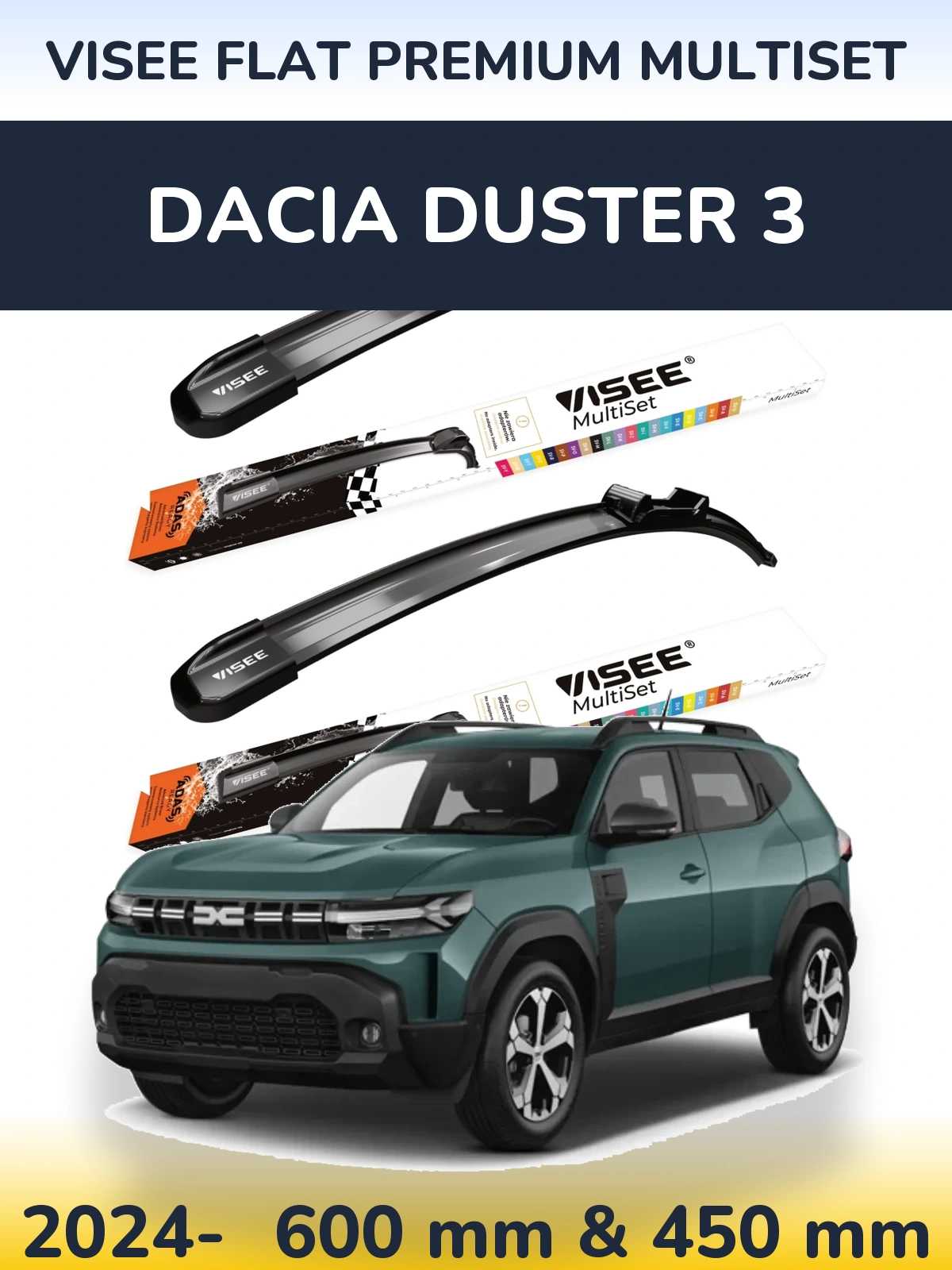Комплект передніх щіток VISEE FLAT PREMIUM MultiSet 600 & 450 мм для Dacia Duster 3 2024-2026