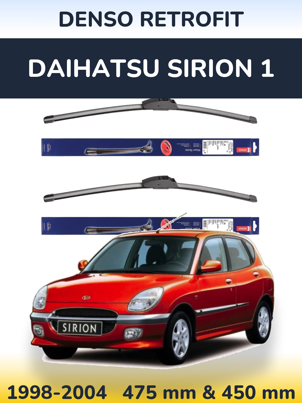 Front wiper blade set Denso Retrofit 475 & 450 mm for Daihatsu SIrion 1 1998-2004