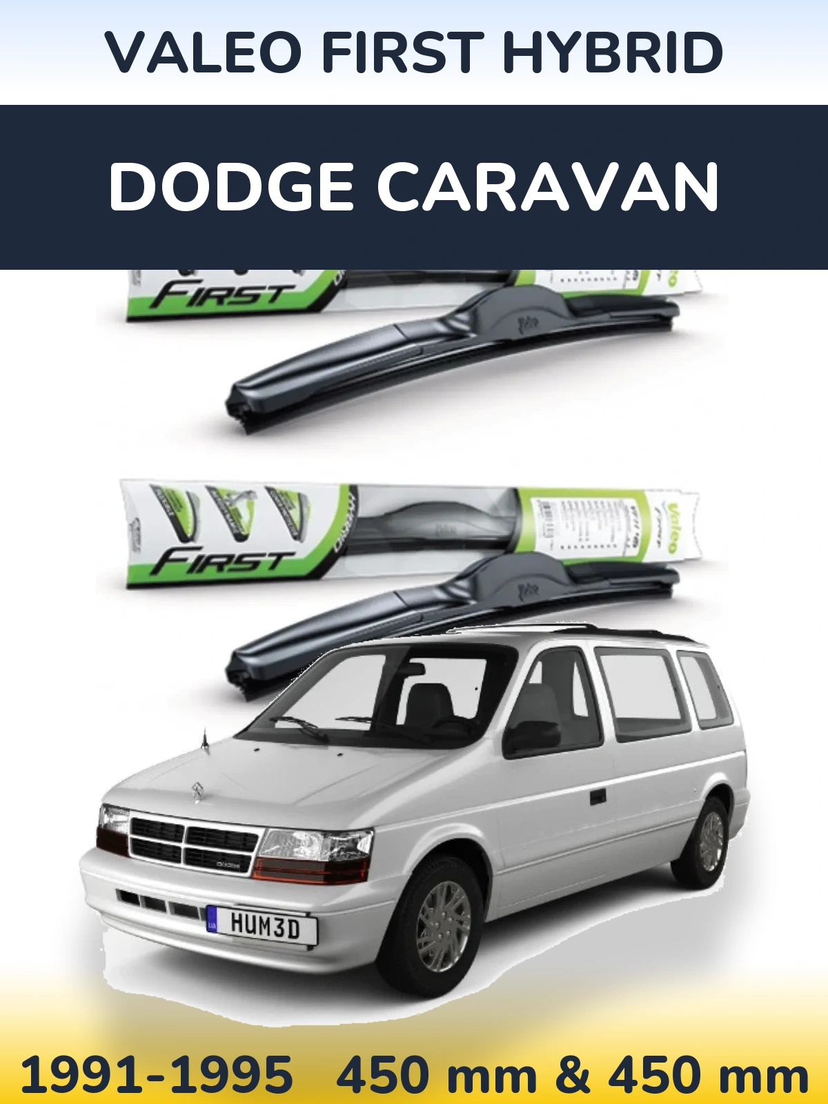 Front wiper blade set Valeo First Hybrid 450 & 450 mm for Dodge Caravan 1991-1995