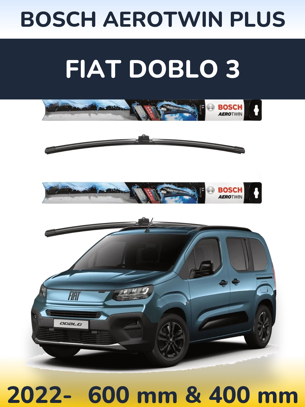 Комплект передних дворников BOSCH AeroTwin Plus 600 & 400 мм для Fiat Doblo 3 2022-2026
