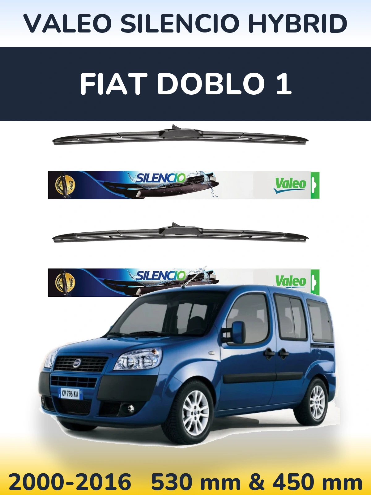 Front wiper blade set Valeo Silencio Hybrid 530 & 450 mm for Fiat Doblo 1 2000-2016